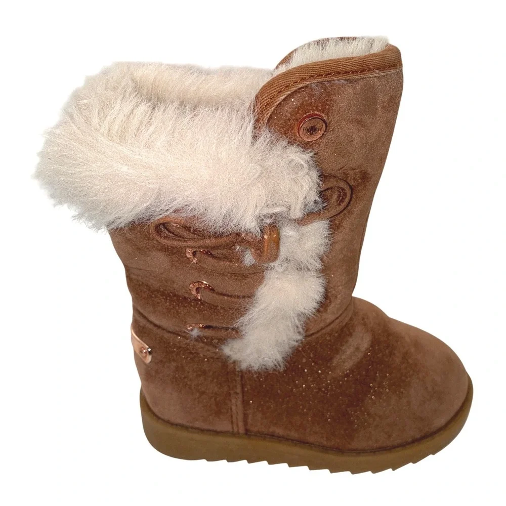 Nine West Girls Brown Glitter‎ Faux Fur Winter Boots Rose Gold Accents Kids